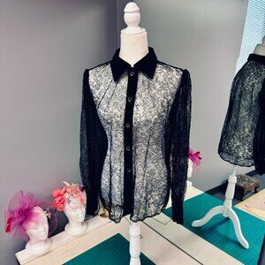 Vintage 90s YSL Sheer Black Chantilly Lace Blouse